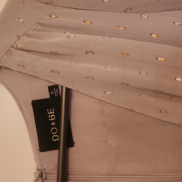 DO+BE long sleeve, deep V, mini dress. Grey with gold and silver accents. - Picture 2 of 3